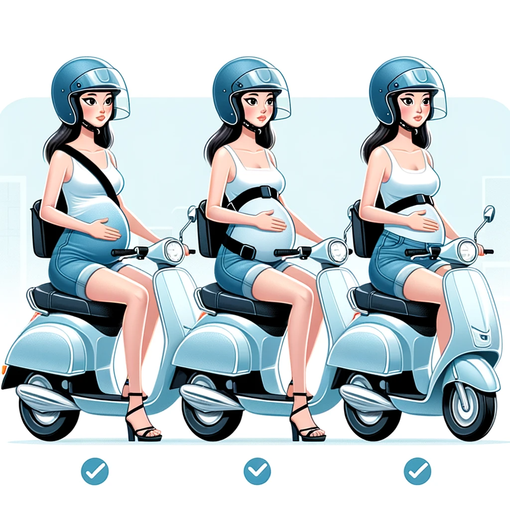 DALL·E 2023 11 10 11.03.47 Illustrations of pregnant women riding scooters emphasizing correct posture and safety equipment. Each woman is wearing a helmet and protective gear